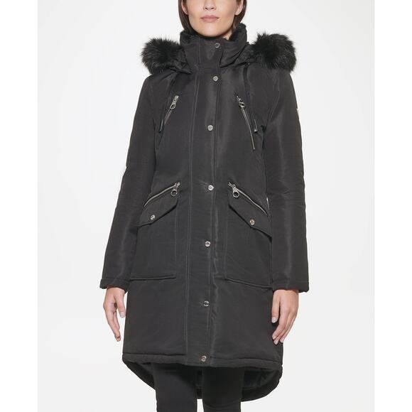 Guess Puffer Parka Jacket Black Removable Faux Fur Trim Hooded Coat Winter XL - Picture 3 of 4
